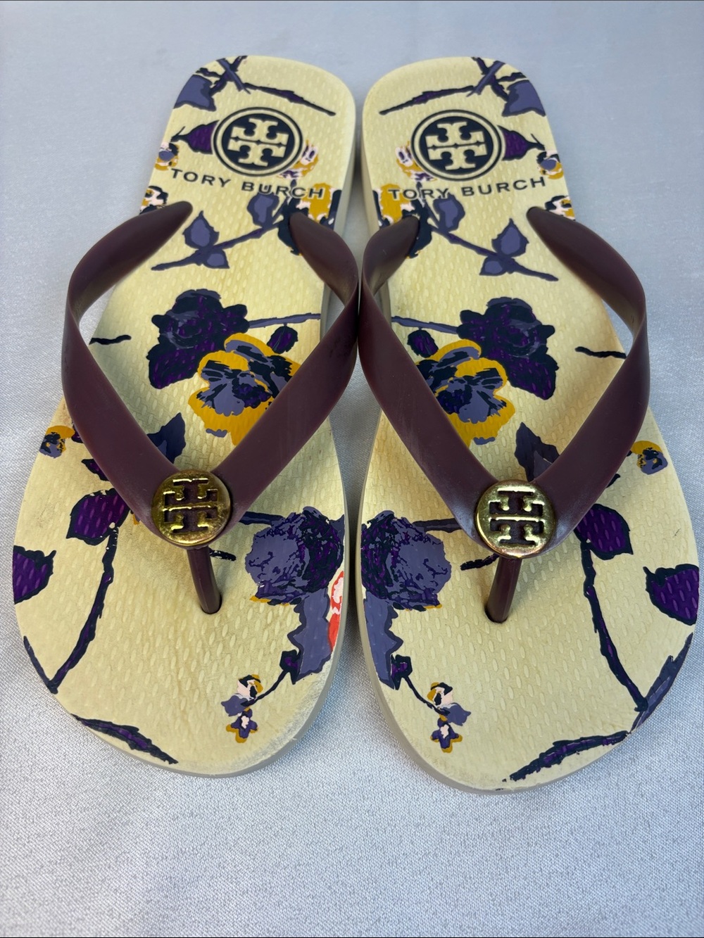 Tory Burch Floral Flip Flops in Cream, Purple and Brown